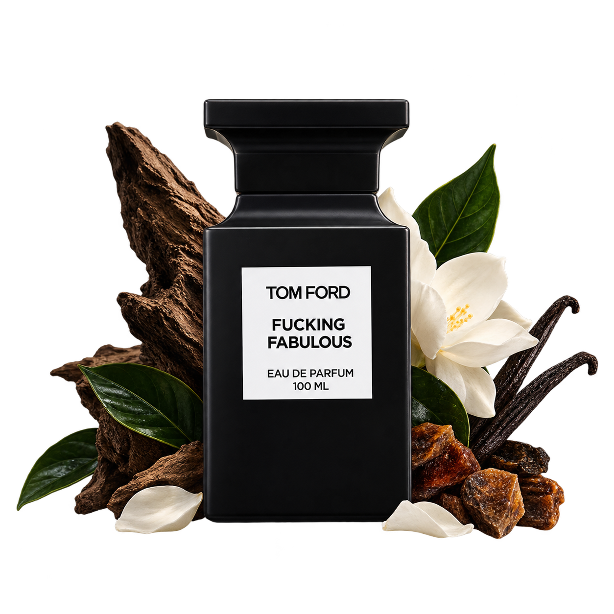 Tom Ford Fucking Fabulous Eau de Parfum bottle surrounded by oud wood, white flowers, vanilla pods and amber